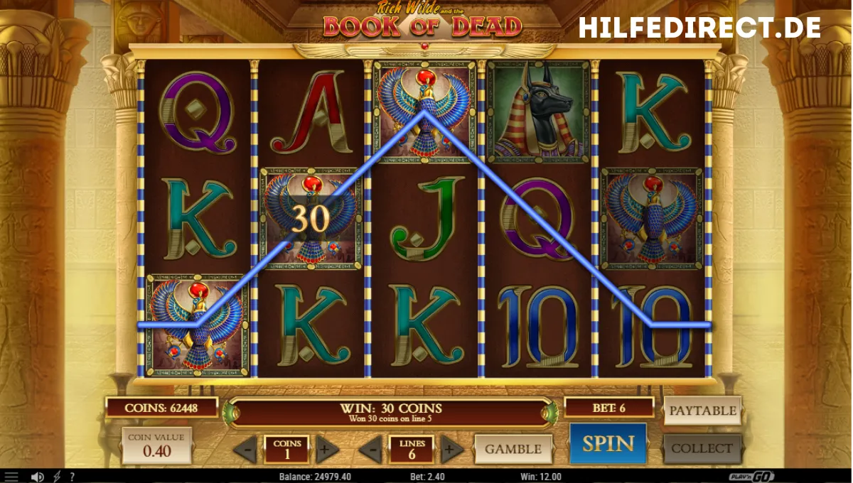 Screenshot mit großem Gewinn und animierten Münzen im Book of Dead Slotspiel