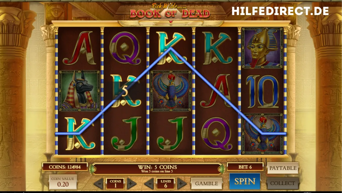 Startbildschirm des Book of Dead Spielautomaten mit Spiellogos und Steuerungselementen